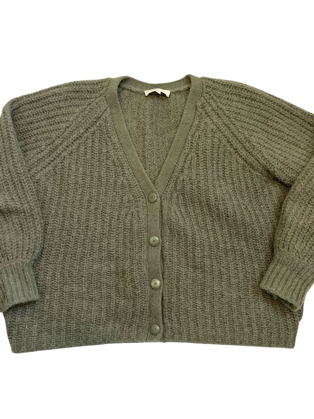 Sézane Basile Alpaca Wool Cardigan XL Olive Green Puff Sleeve Cozy Knit - Picture 2 of 12